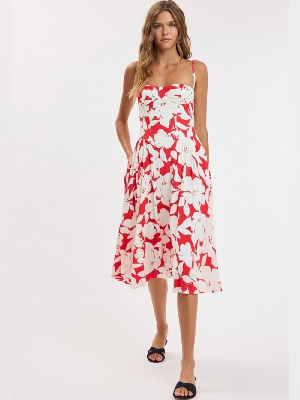 KNOW ME RED FLORAL MIDI DRESS